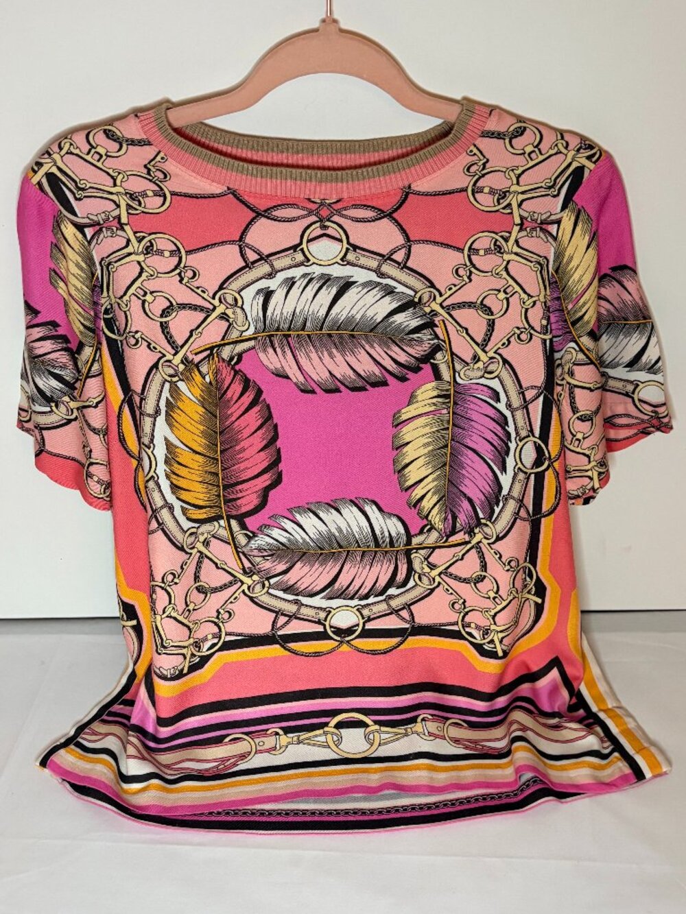 Hale Bob Woman's Pink Feather/Chain Scarf Print Bohemian Chic Top Size Large - Picture 2 of 6